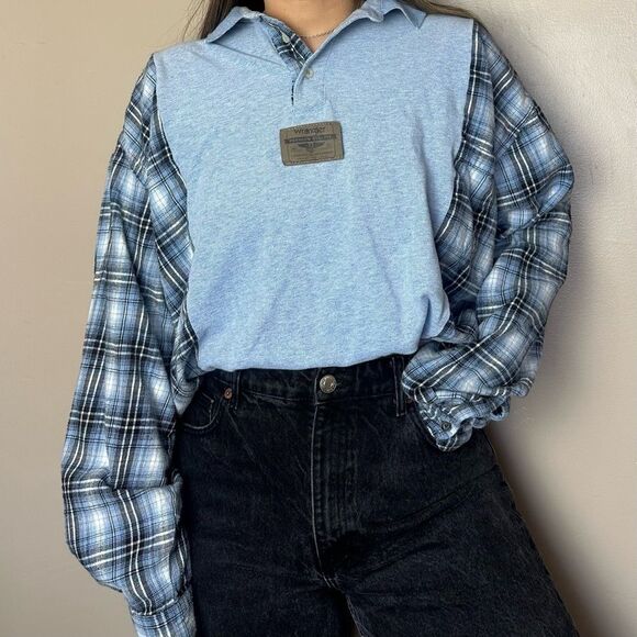 Reworked Upcycled Wrangler Two Tone Flannel Long Sleeve Western Relaxed Shirt - Picture 5 of 5